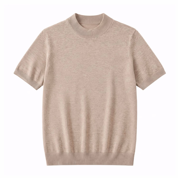 冷房対策　上品なモックネックニットTシャツ 　洗濯ネット使用で洗濯機洗い可 　型崩れしにくい