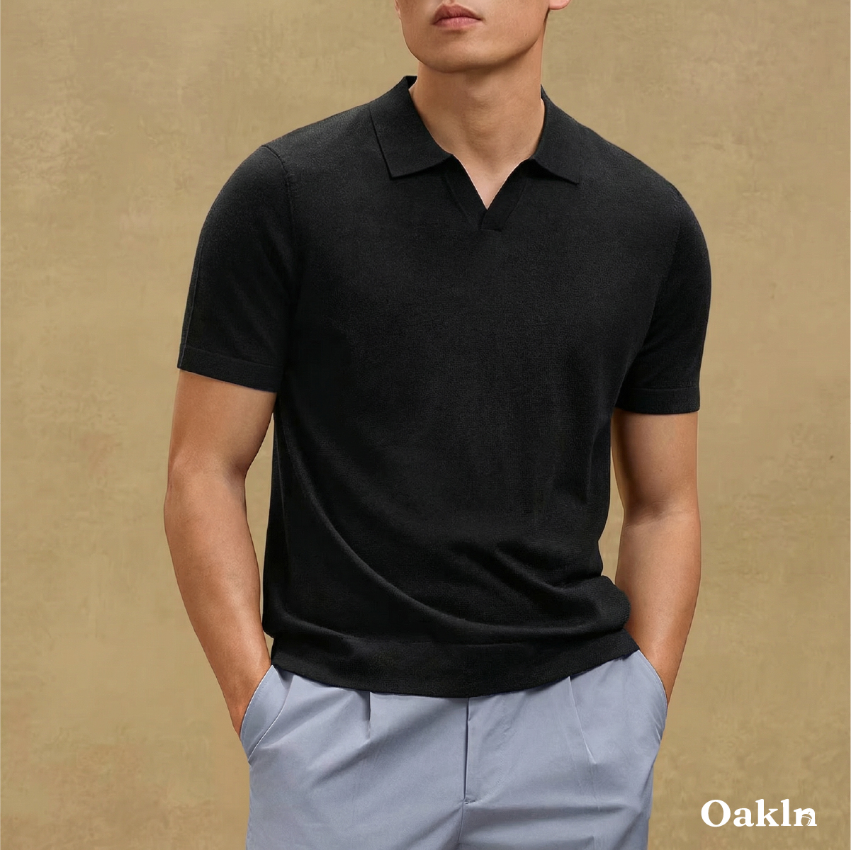 裾リブニットポロシャツ ハリのある襟元 すっきり見えシルエット