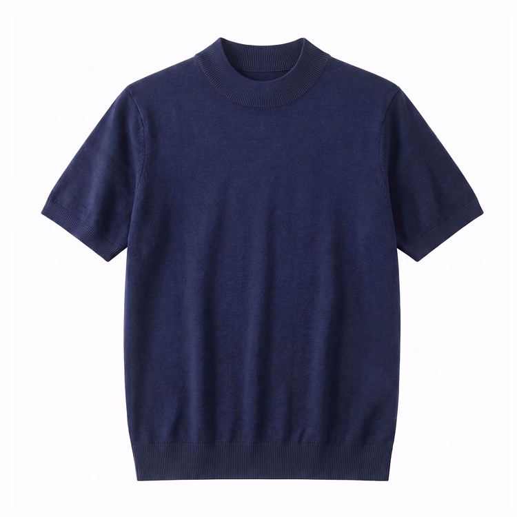 冷房対策　上品なモックネックニットTシャツ 　洗濯ネット使用で洗濯機洗い可 　型崩れしにくい