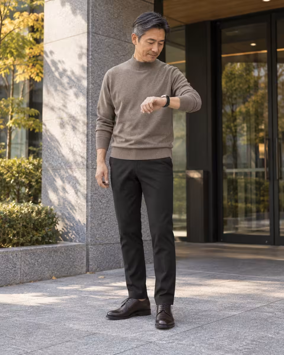 9〜10月・40〜50代の日本人男性の通勤コーディネート。16ゲージ モックネックニット、イージーケア ストレートパンツ。AI着用イメージ。