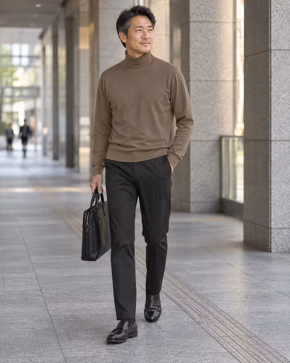 9〜10月・40〜50代の日本人男性の通勤コーディネート。コットン混 タートルネックT、イージーケア ストレートパンツ。AI着用イメージ。