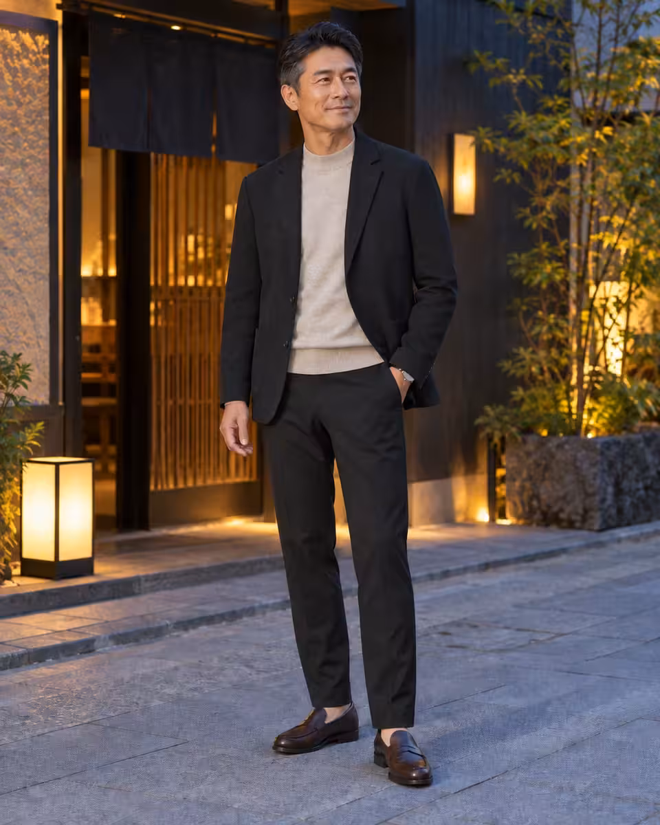9〜10月・40〜50代の日本人男性の外食コーディネート。リネン混 軽やかジャケット、16ゲージ モックネックニット、イージーケア ストレートパンツ。AI着用イメージ。