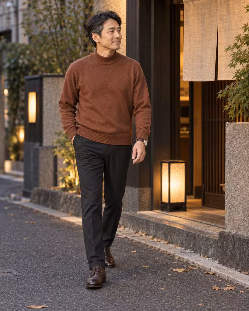 9〜10月・40〜50代の日本人男性の外食コーディネート。12ゲージ モックネックニット、イージーケア ストレートパンツ。AI着用イメージ。