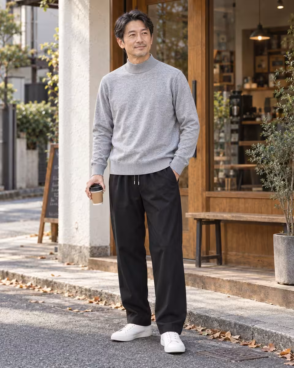 9〜10月・40〜50代の日本人男性の休日コーディネート。12ゲージ モックネックニット、ストレッチ イージーパンツ。AI着用イメージ。