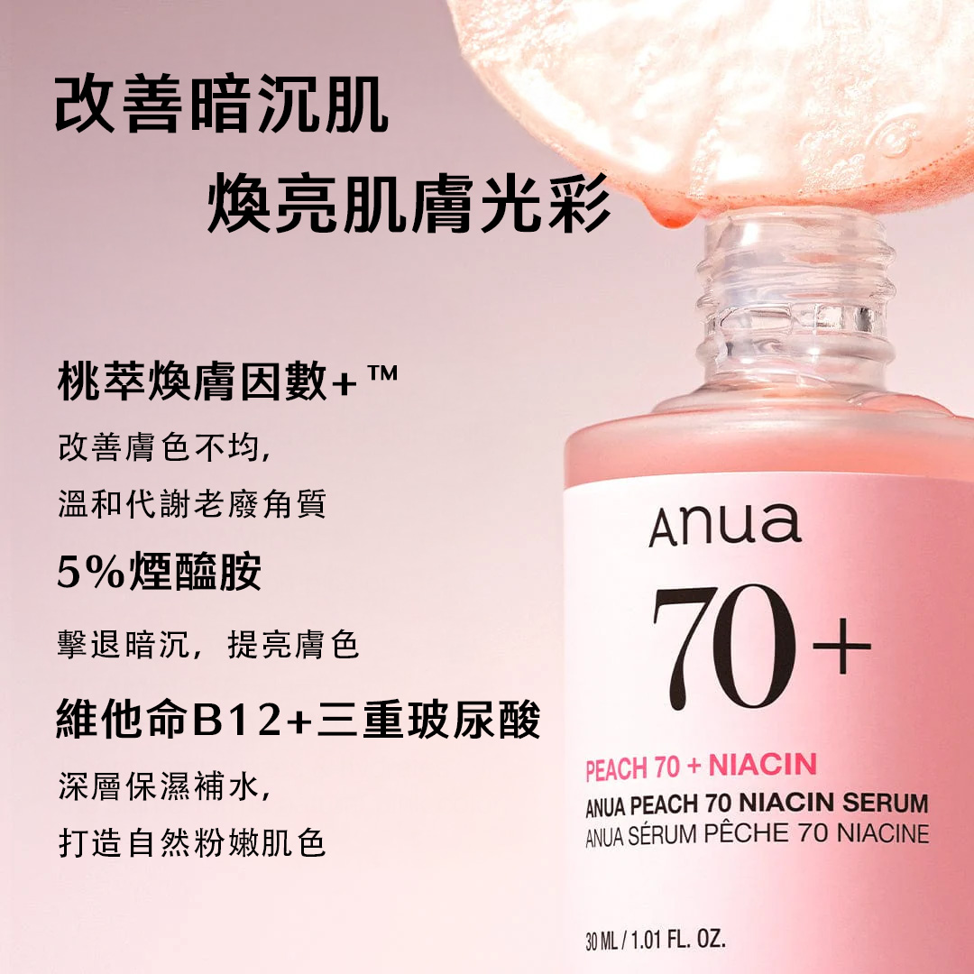 【台灣現貨】Anua 桃子70+菸堿醯胺亮白保濕精華液30ml 提亮膚色 改善暗沉 縮小毛孔