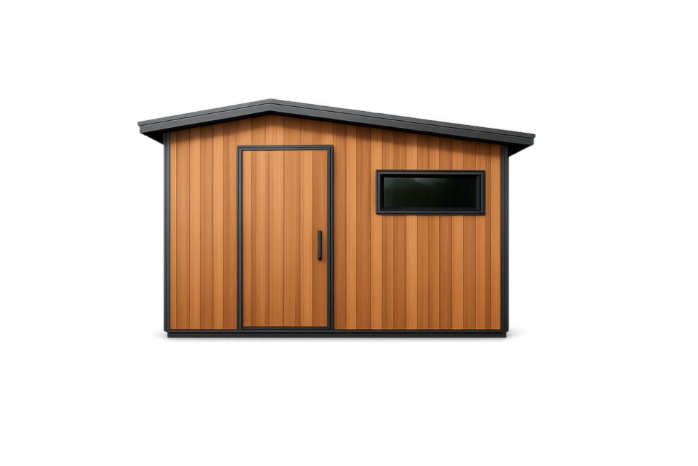Outdoor Storage Shed with Sloped Roof in Wood Grain Finish and Galvanized Steel Frame