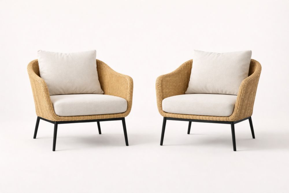 Set of 2 Rattan Armchairs with Beige Cushions and Steel Legs