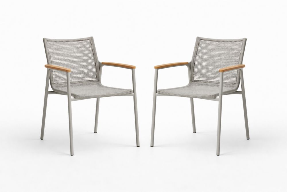 Outdoor Aluminum Frame Armchairs Set with Woven Mesh Back and Teak Armrests Gray