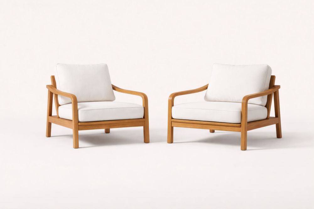 Set of 2 Teak Lounge Chairs with White Cushions