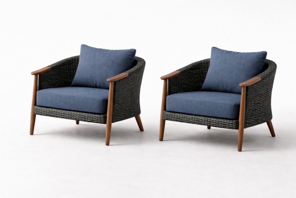 Wicker and Solid Wood Outdoor Club Chair Set with Blue Cushions