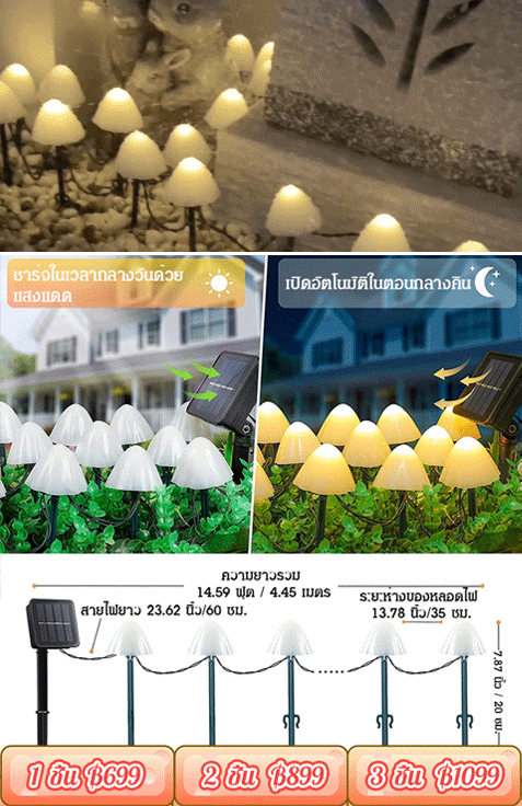 【บรรยากาศสุดโรแมนติก】โคมไฟตกแต่งสวน รูปเห็ด ใช้พลังงานแสงอาทิตย์