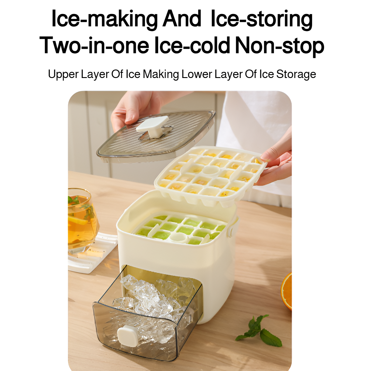 Portable push-type ice tray, ice cube mold, ice box, summer home double-layer ice maker with drawer,