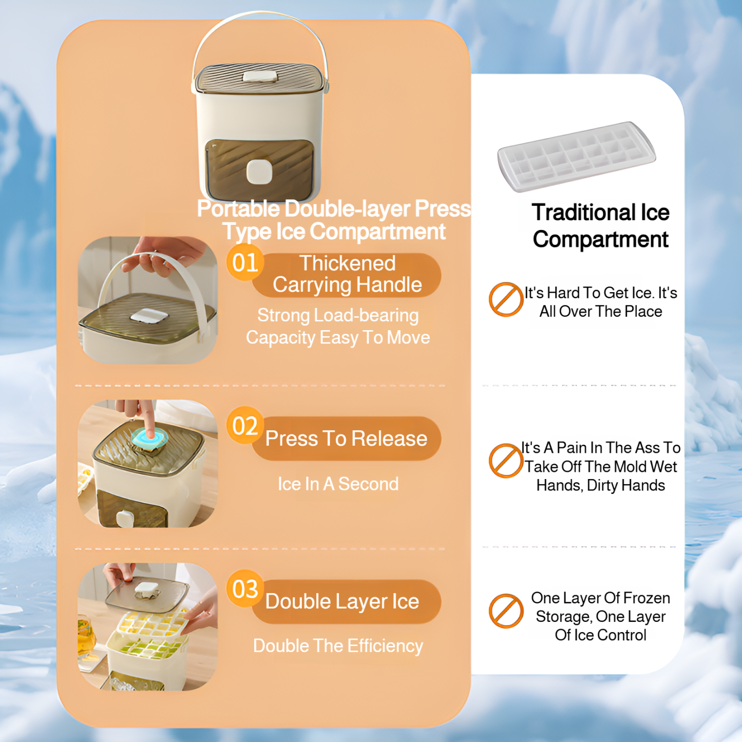 Portable push-type ice tray, ice cube mold, ice box, summer home double-layer ice maker with drawer,