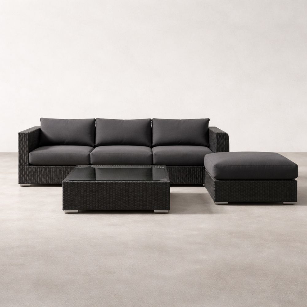 Outdoor Wicker Sofa Set with Cushion and Glass Coffee Table Black