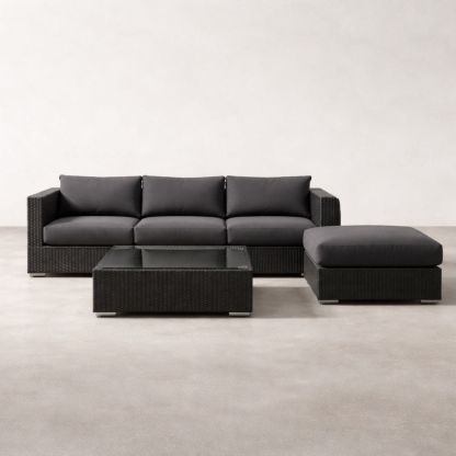 Outdoor Wicker Sofa Set with Cushion and Glass Coffee Table Black
