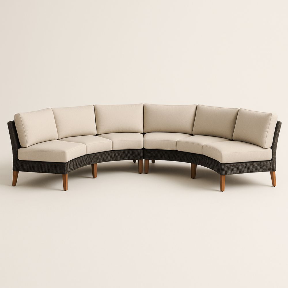 Curved Outdoor Sectional Sofa Set Beige Cushions Wicker and Wood 6-Piece
