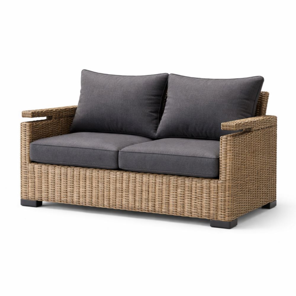 Outdoor Wicker Loveseat with Dark Gray Cushions