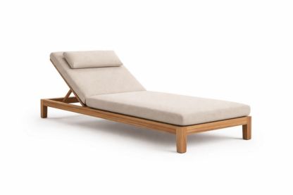 Teak Wood Outdoor Chaise Lounge with Adjustable Beige Cushion