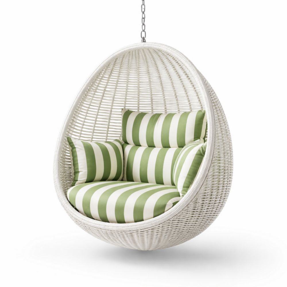Hanging Egg Chair with Striped Cushions White Wicker 180cm