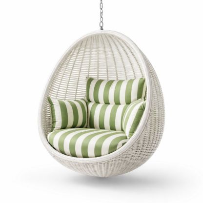 Hanging Egg Chair with Striped Cushions White Wicker 180cm