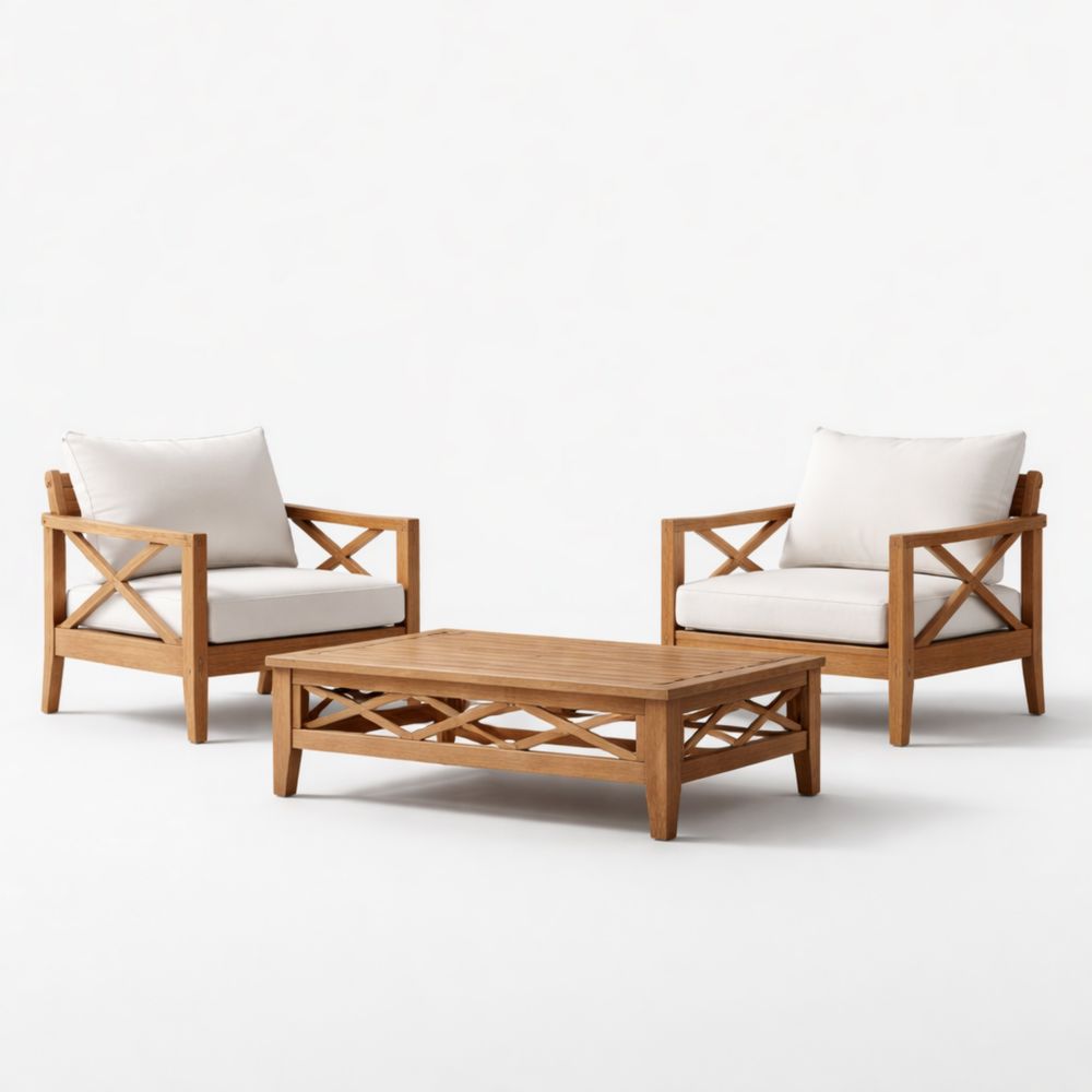 Outdoor Furniture Set with Teak Frame and Beige Cushions
