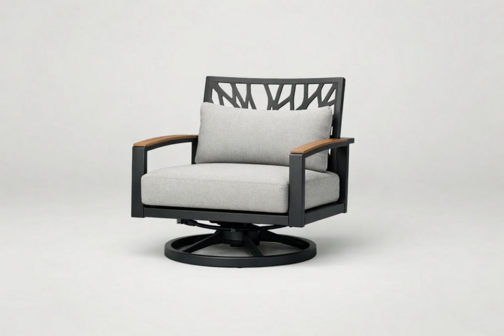 Outdoor Swivel Chair Steel Frame Grey Cushions