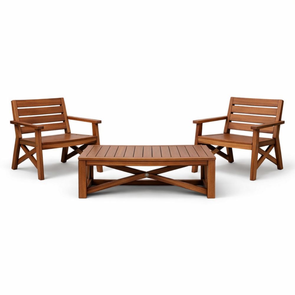 Brown Acacia Wood Outdoor Chair and Table Set - 2 Chairs and Coffee Table