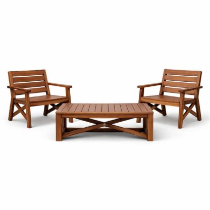 Brown Acacia Wood Outdoor Chair and Table Set - 2 Chairs and Coffee Table