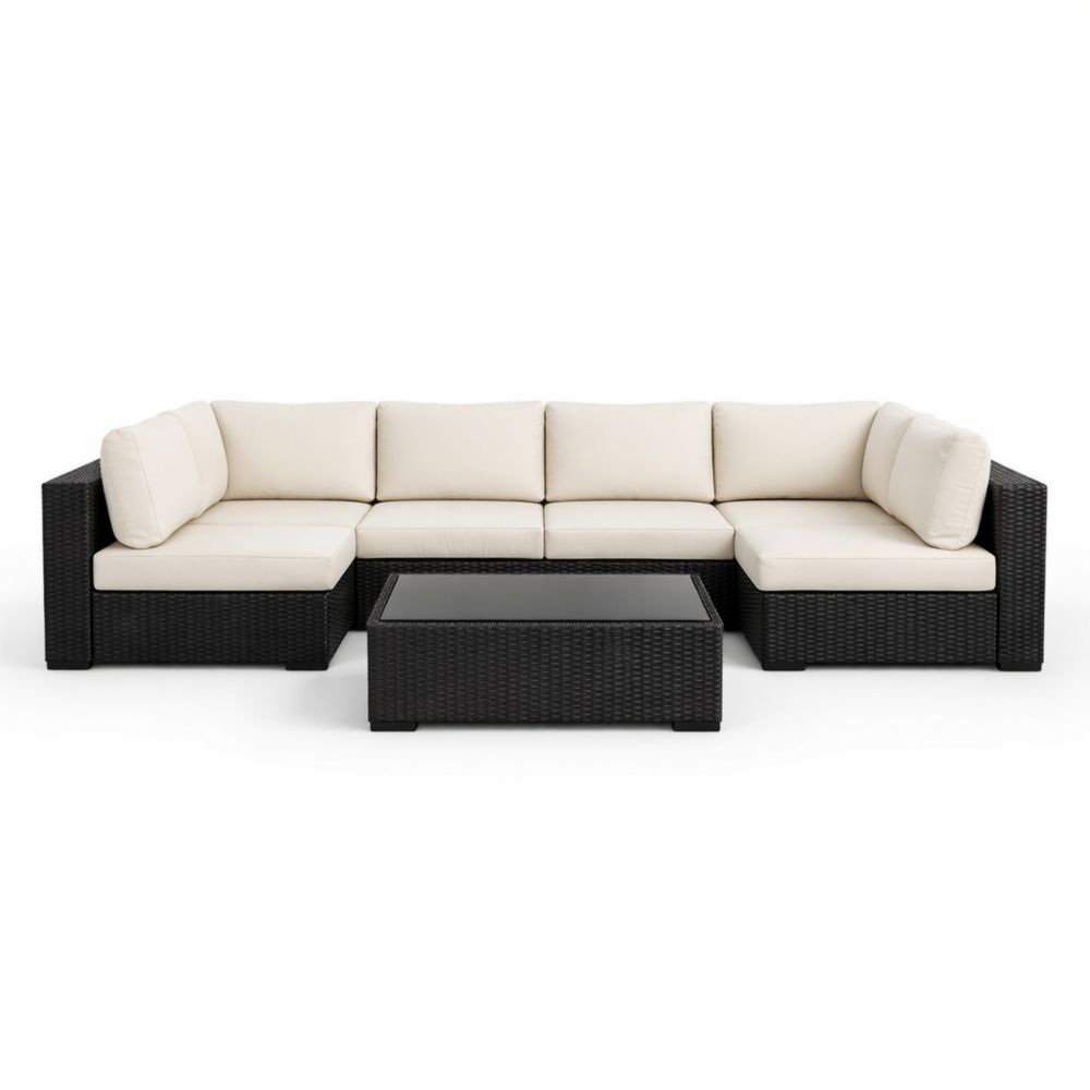 Outdoor Sectional Sofa Set Black Wicker Beige Cushions with Coffee Table