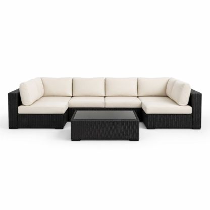 Outdoor Sectional Sofa Set Black Wicker Beige Cushions with Coffee Table