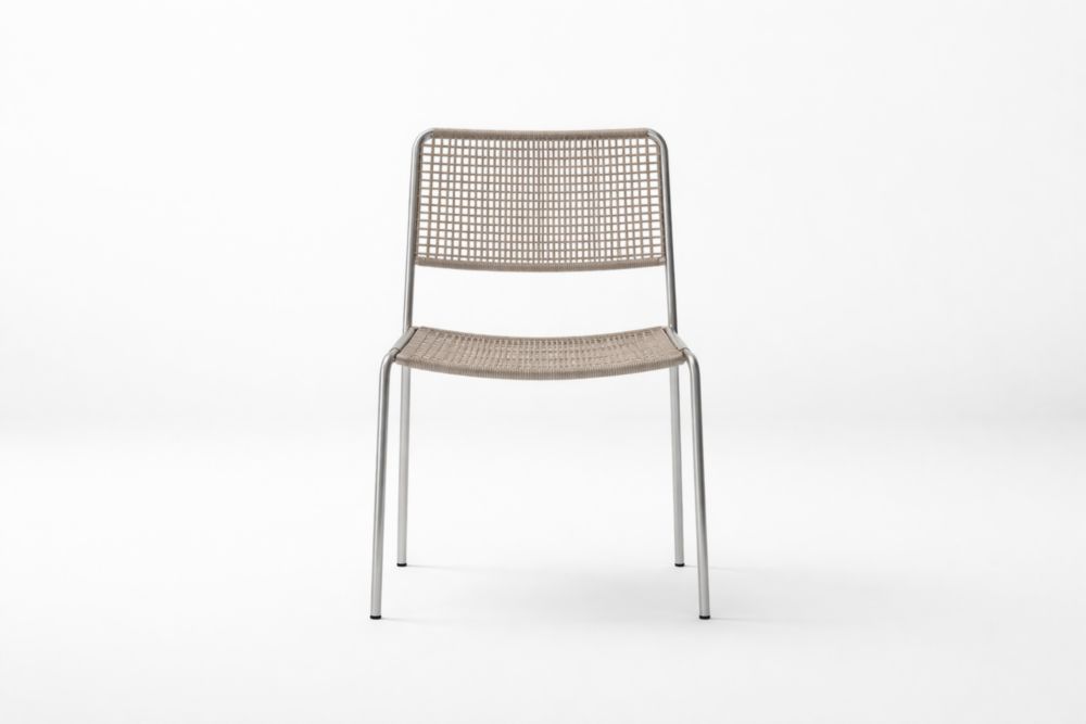 Stackable Outdoor Dining Chair with Stainless Steel Frame and Beige Woven Seat