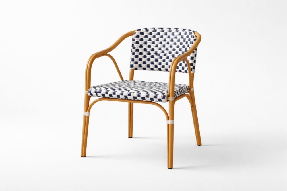 Outdoor Rattan Dining Armchair with Checkered Woven Seat and Backrest