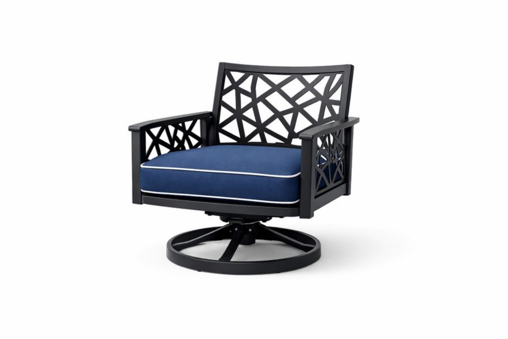 Outdoor Swivel Dining Chair with Blue Cushions and Black Aluminum