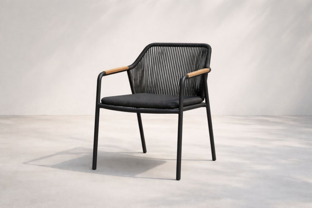 Outdoor Black Steel Frame Rope Dining Armchair with Acacia Wood Accents