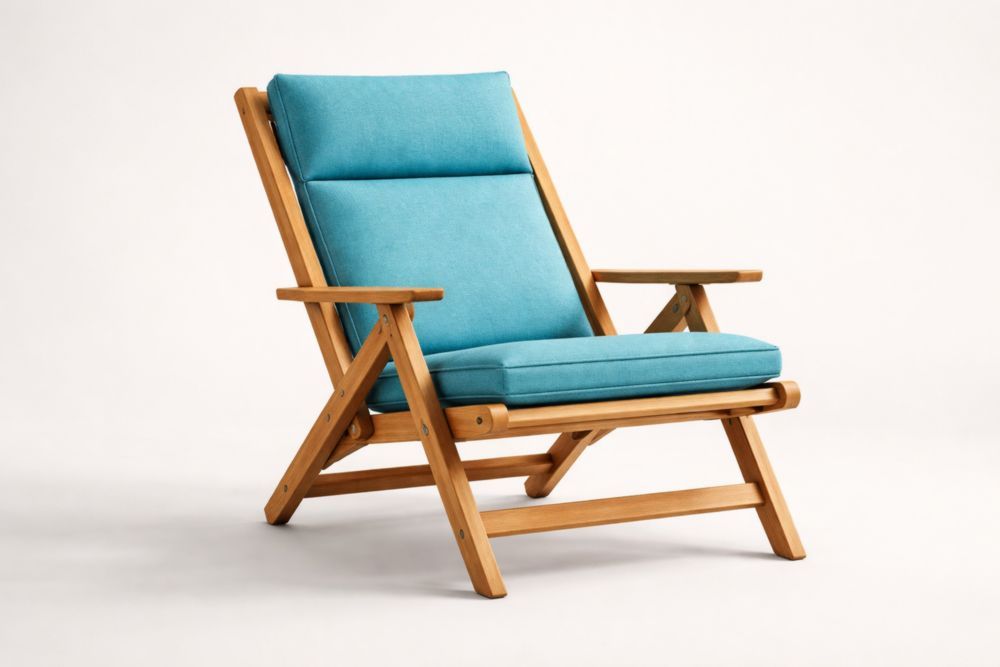Folding Lounge Chair Acacia Wood Frame Blue Polyester Cushions
