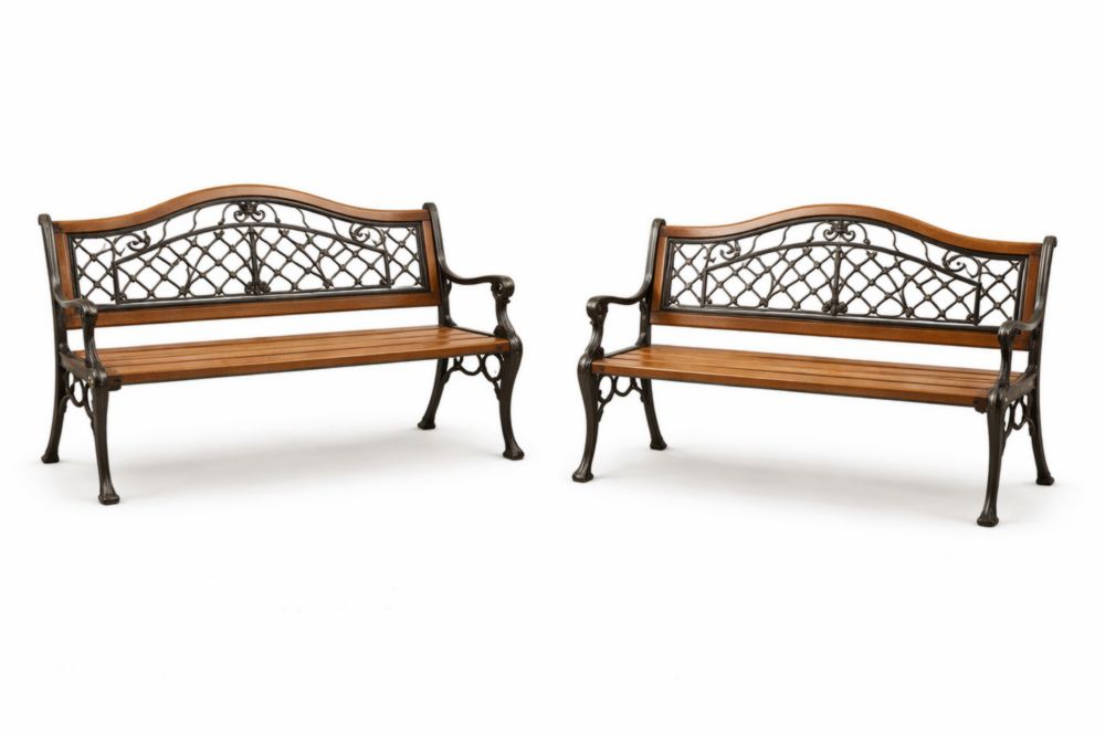 Outdoor Cast Iron and Wood Garden Bench Set Brown Black-Cosyvivana