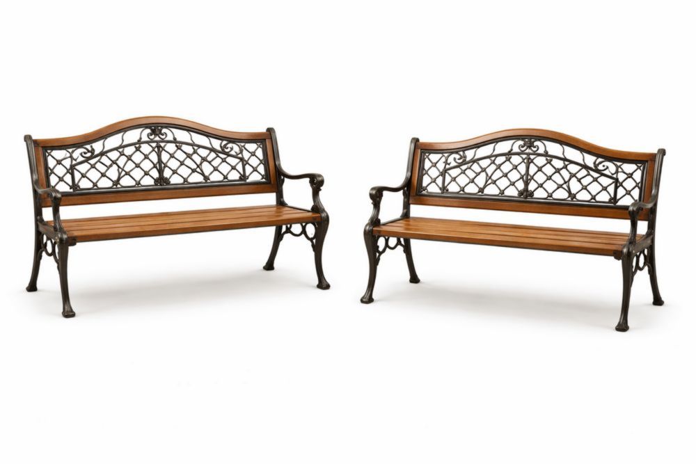 Outdoor Cast Iron and Wood Garden Bench Set Brown Black-Cosyvivana