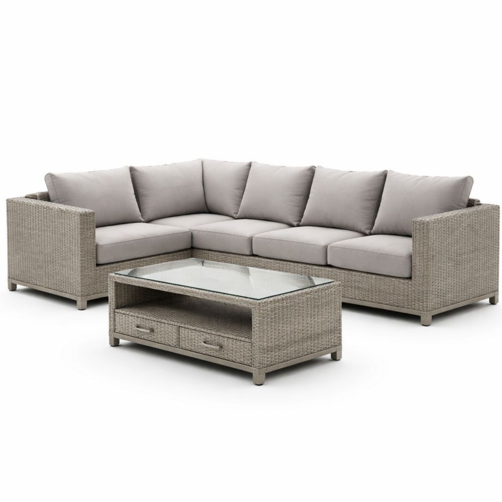 Outdoor Wicker Sectional Sofa Set with Glass Top Coffee Table Gray-Cosyvivana