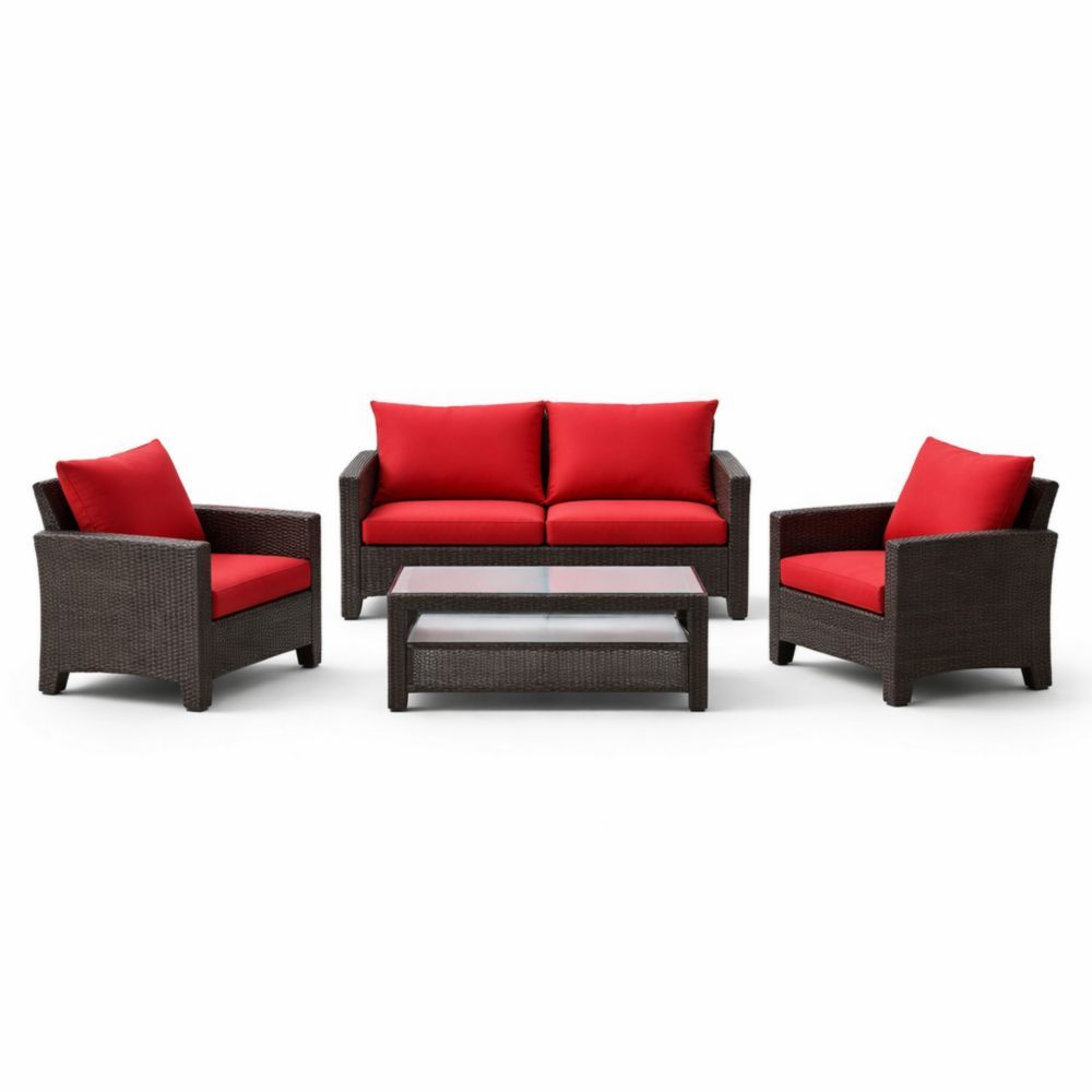 4-Piece Outdoor Rattan Sofa Set with Red Cushions-Cosyvivana