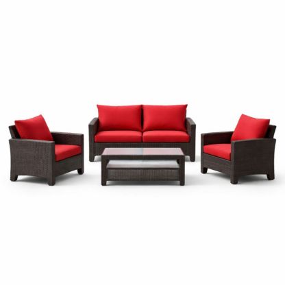 4-Piece Outdoor Rattan Sofa Set with Red Cushions-Cosyvivana