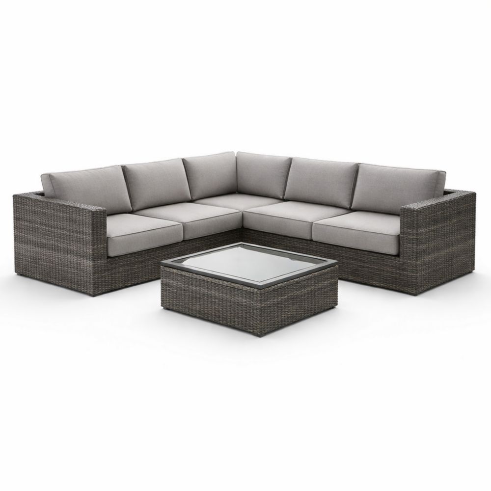 Wicker Outdoor Sectional Sofa Set with Glass Coffee Table and Grey Cushions-Cosyvivana