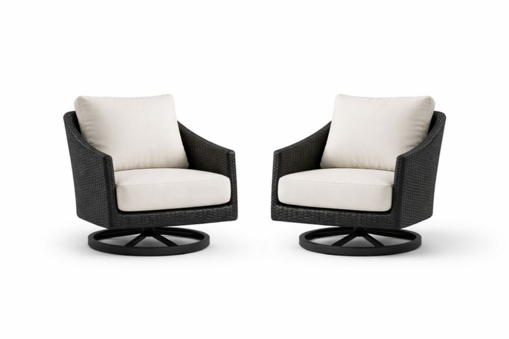 Set of 2 Wicker Outdoor Swivel Chairs Black Frame with Beige Cushions-Cosyvivana
