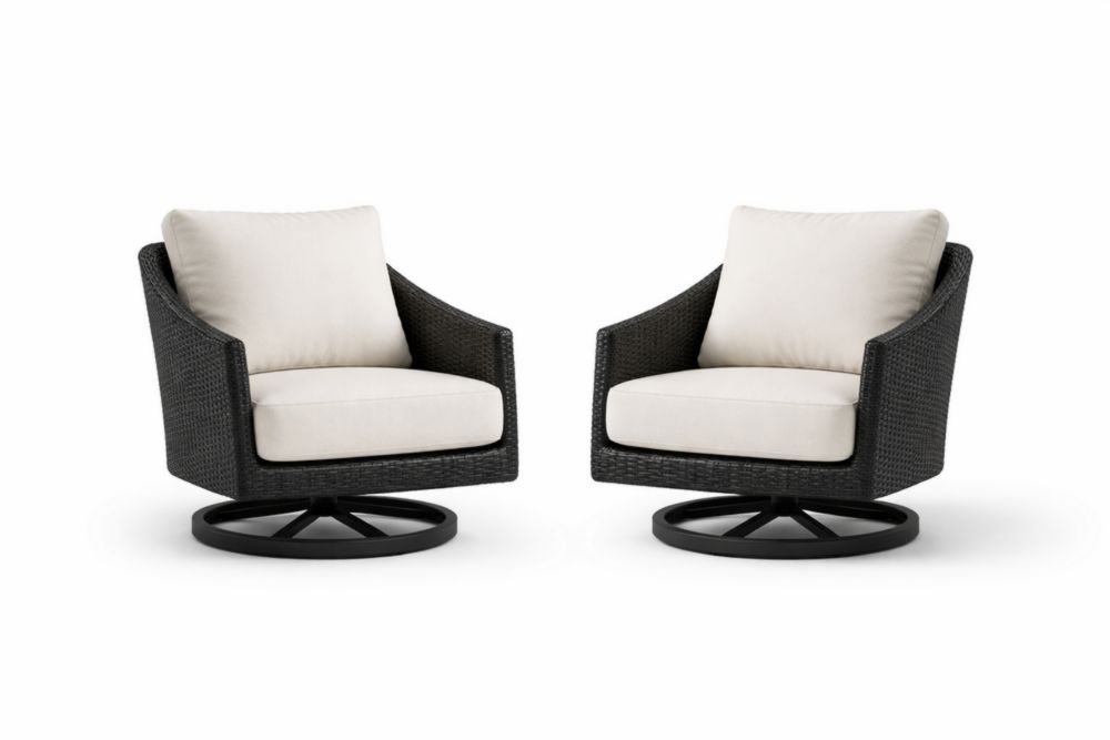 Set of 2 Wicker Outdoor Swivel Chairs Black Frame with Beige Cushions-Cosyvivana