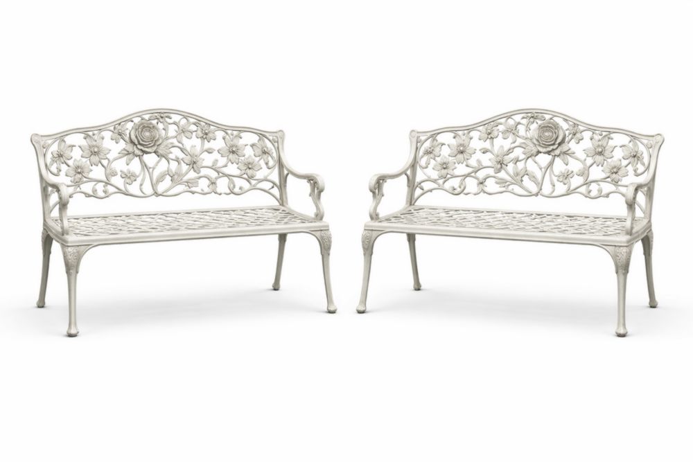 Set of 2 Cast Aluminum Garden Benches Floral Design White-Cosyvivana