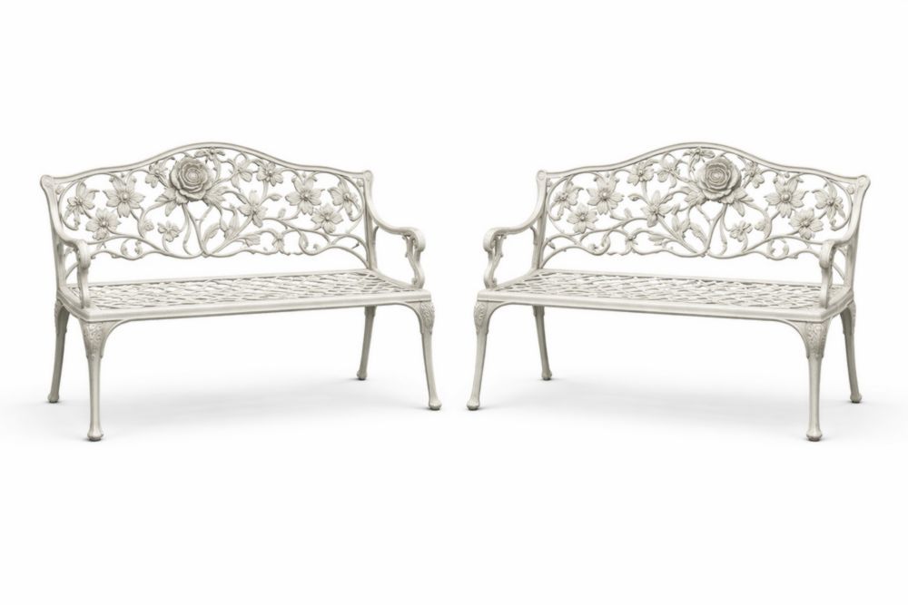 Set of 2 Cast Aluminum Garden Benches Floral Design White-Cosyvivana