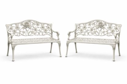 Set of 2 Cast Aluminum Garden Benches Floral Design White-Cosyvivana