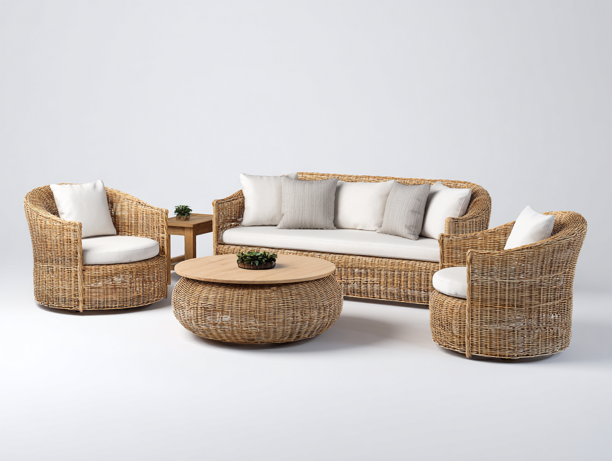 Rattan Sofas Outdoor Seating Set 190x80x75 cm with Chairs and Table - Light Brown-White - Modern Design-Comfyix