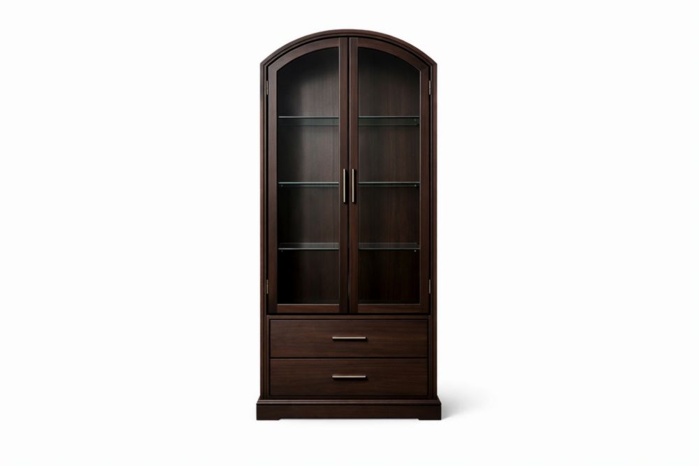 Wooden Glass Display Cabinet with Two Drawers Brown 190cm Height