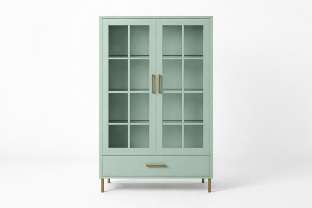 Wood and Tempered Glass Display Cabinet with Drawer Sage 180x90x40 cm