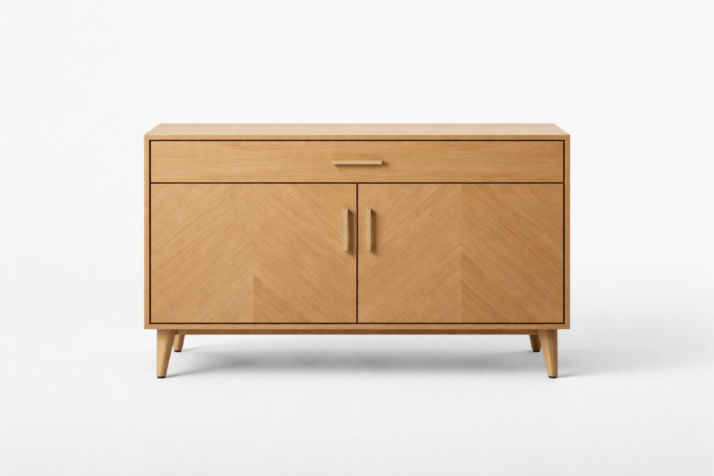 Wooden Sideboard with Drawer and Double Doors Oak Veneer Finish 75cm Height